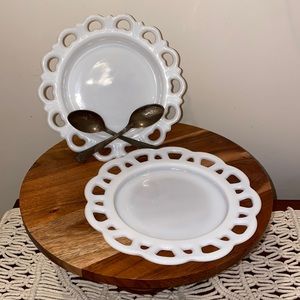 2 vintage white milk glass plates wedding decor used condition
